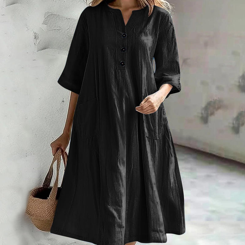 Locker sitzendes Damenkleid mit V-Ausschnitt und Taschen