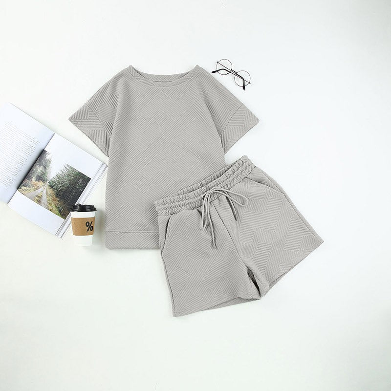 Damen einfarbiges Set aus strukturiertem Stoff: Kurzarm-Oberteil und Shorts mit Kordelzug