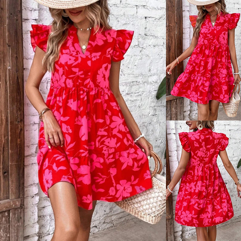🌺Kleid mit V-Ausschnitt und Rüschenärmeln