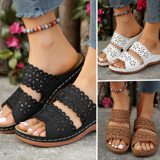 Lässige Damen-Hausschuhe mit flacher Sohle und ausgehöhlten Blumen