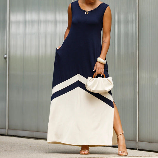Trendiges ärmelloses Colorblock-Split-Kleid für Damen