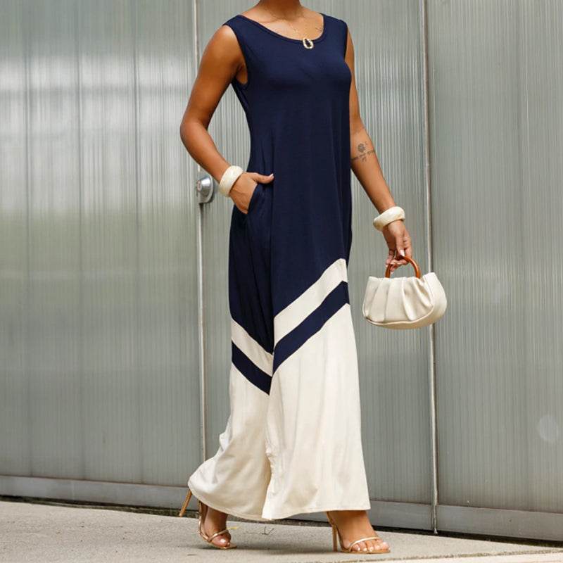 Trendiges ärmelloses Colorblock-Split-Kleid für Damen