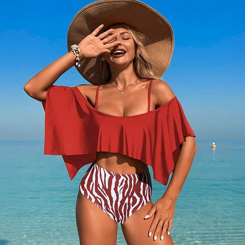Sexy, zweiteiliges Bikini-Set mit Rüschen und hoher Taille für Damen