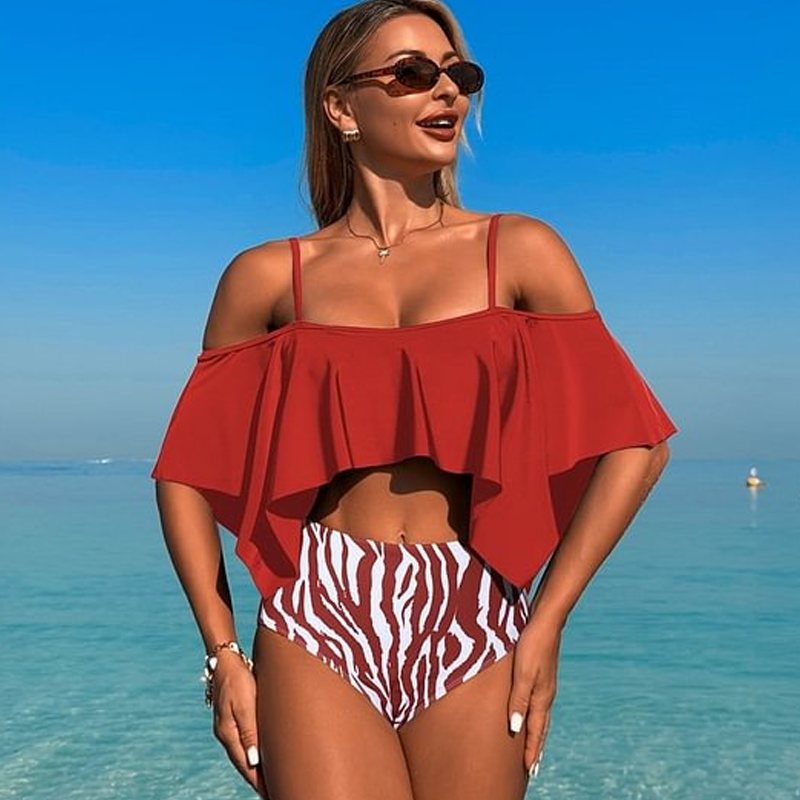 Sexy, zweiteiliges Bikini-Set mit Rüschen und hoher Taille für Damen
