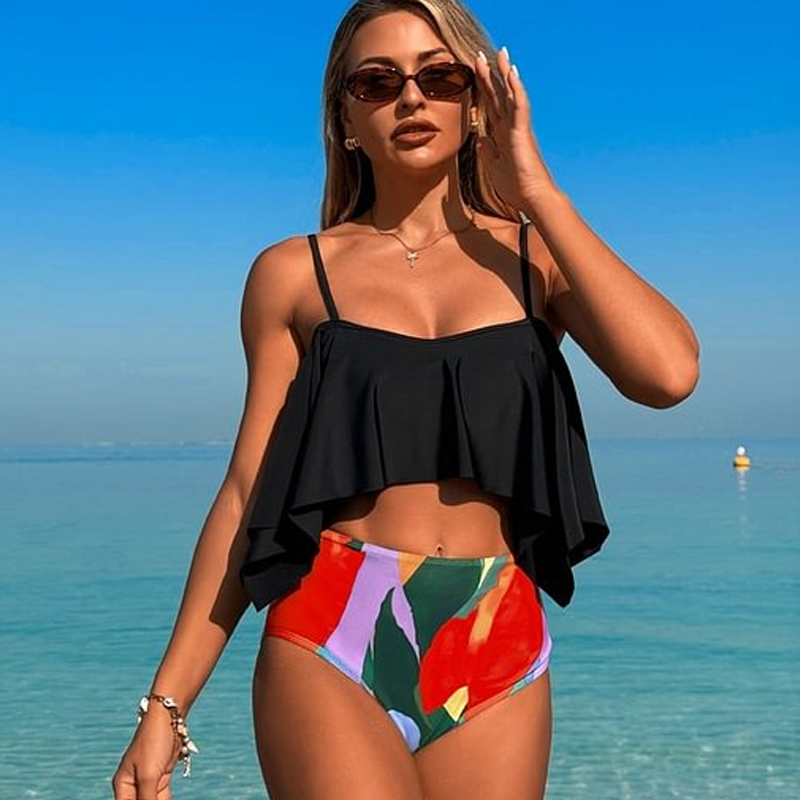Sexy, zweiteiliges Bikini-Set mit Rüschen und hoher Taille für Damen