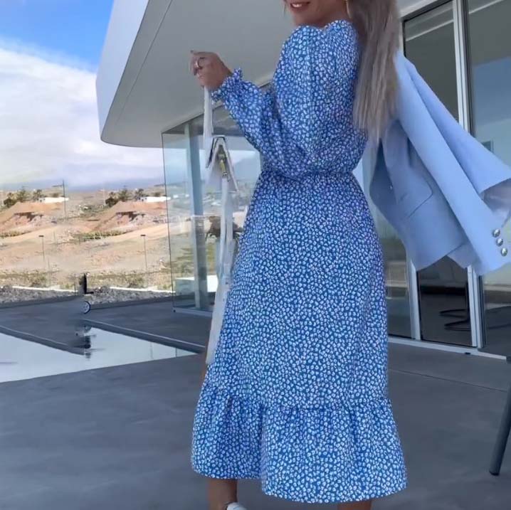 💥Blaues bedrucktes Langarmkleid mit V-Ausschnitt für Damen