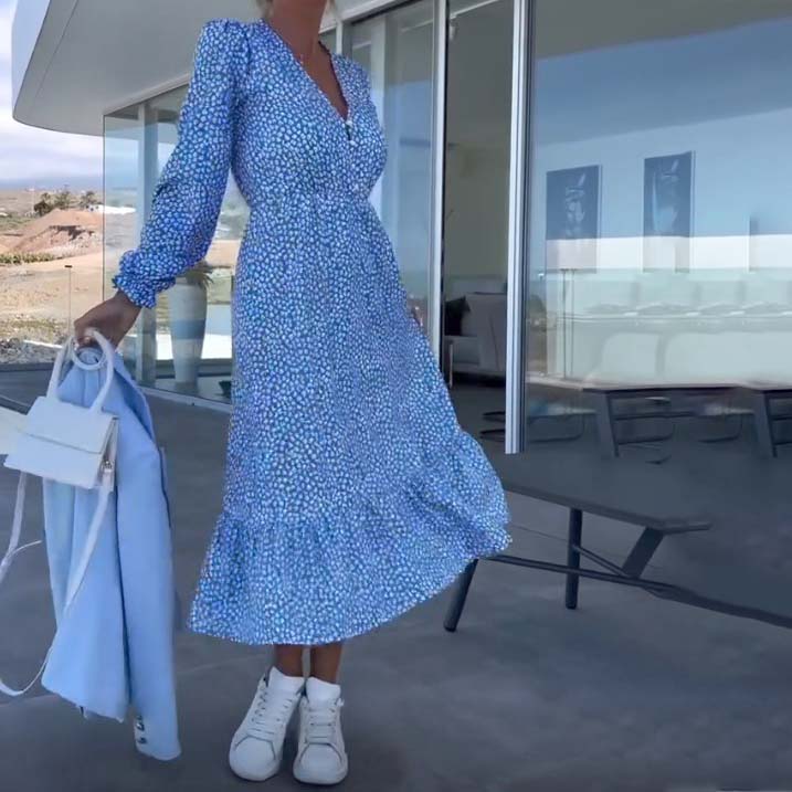 💥Blaues bedrucktes Langarmkleid mit V-Ausschnitt für Damen