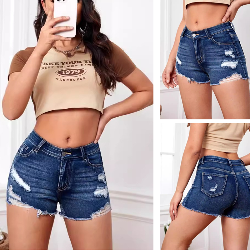 Modische Stretch-Jeansshorts mit hoher Taille für Damen