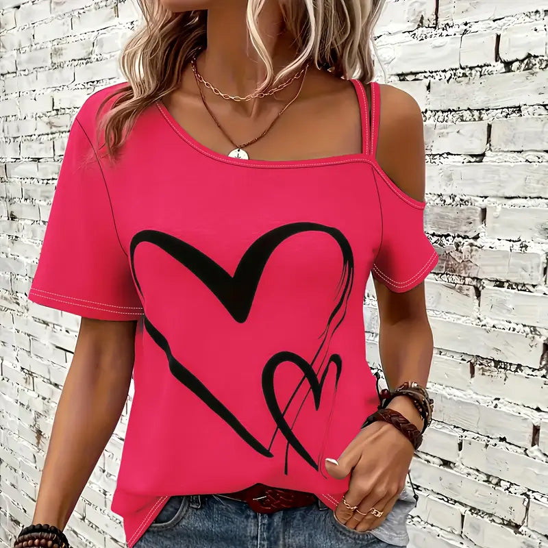 Kurzarm-Off-Shoulder-Tops mit Herz-Print für Damen