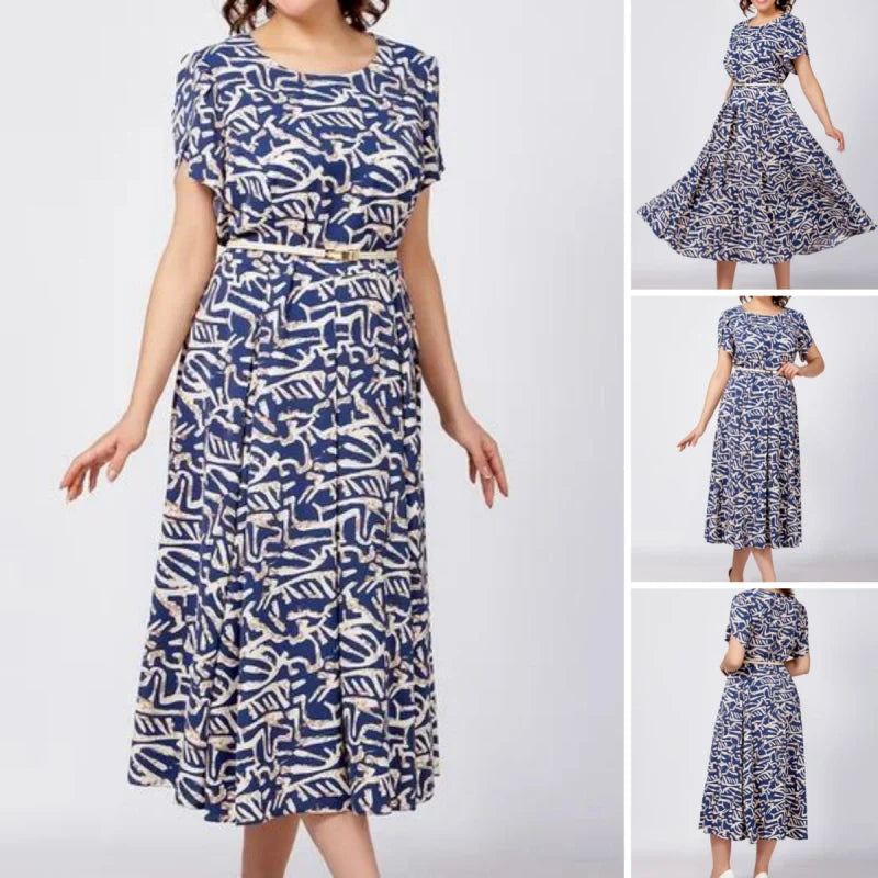 Trendy Damenkleid mit blauem Aufdruck, kurzärmlig, fließend und mit Gürtel