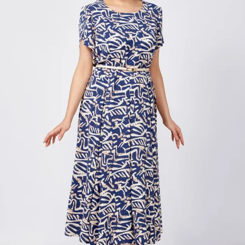 Trendy Damenkleid mit blauem Aufdruck, kurzärmlig, fließend und mit Gürtel