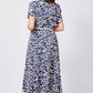 Trendy Damenkleid mit blauem Aufdruck, kurzärmlig, fließend und mit Gürtel