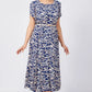 Trendy Damenkleid mit blauem Aufdruck, kurzärmlig, fließend und mit Gürtel