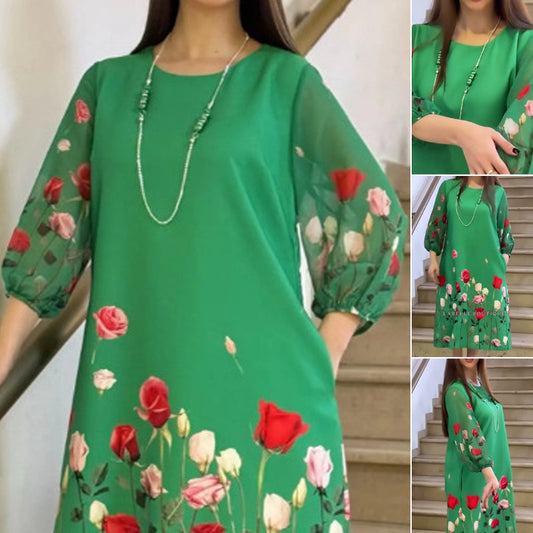 Elegantes Damenkleid mit Blumenmuster und Rundhalsausschnitt