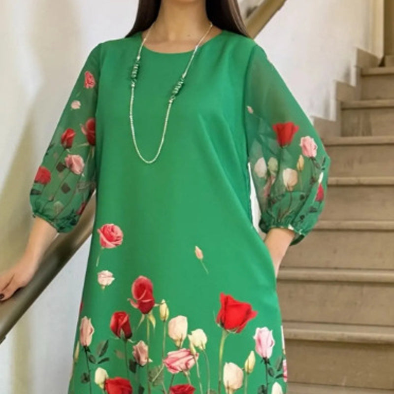 Elegantes Damenkleid mit Blumenmuster und Rundhalsausschnitt