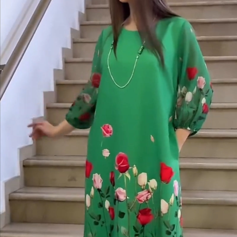 Elegantes Damenkleid mit Blumenmuster und Rundhalsausschnitt