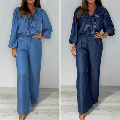Damen-Set aus Langarm-Oberteil mit gestuftem Design und weiter Hose