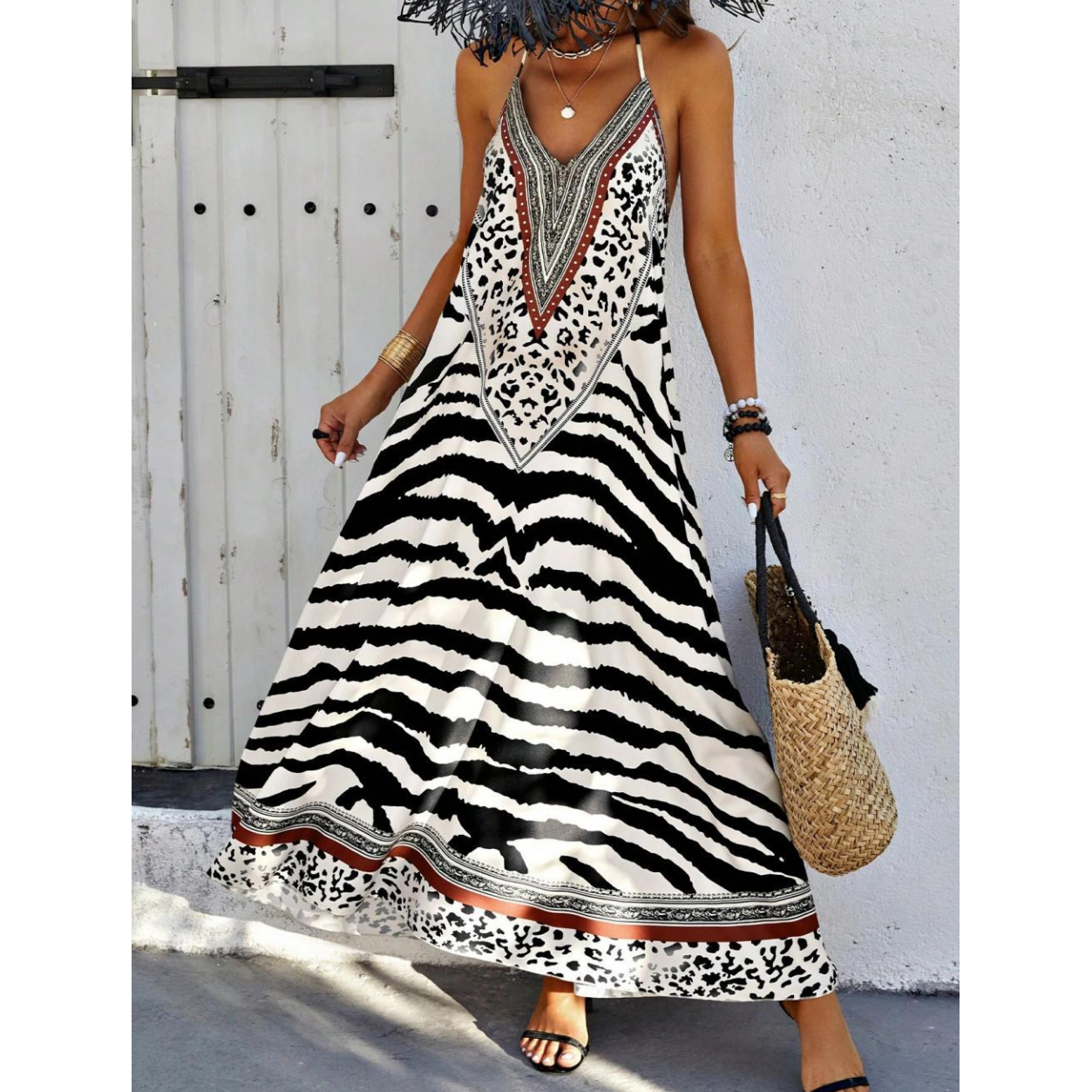 Maxi-Slipkleid mit Zebra-Leopardenmuster