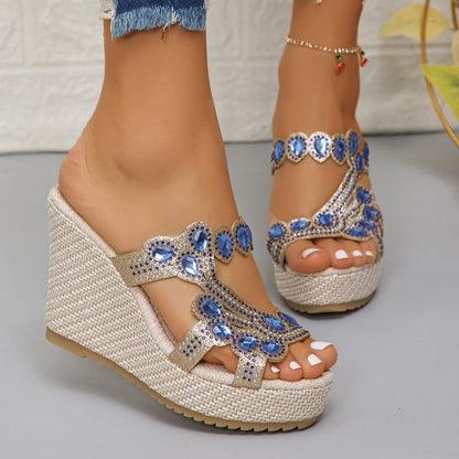 Luxuriöse, rutschfeste Keilsandalen mit Strasssteinen für Damen