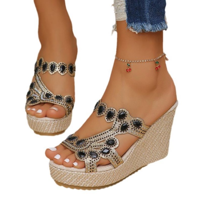 Luxuriöse, rutschfeste Keilsandalen mit Strasssteinen für Damen