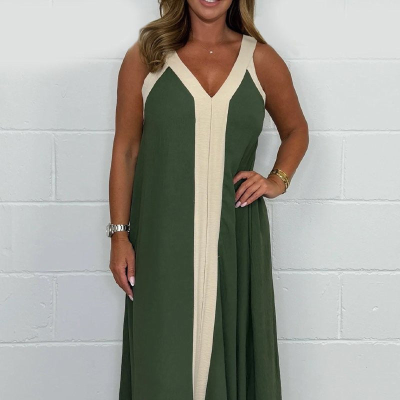 Ärmelloses Maxikleid mit V-Ausschnitt und Farbblock für Damen