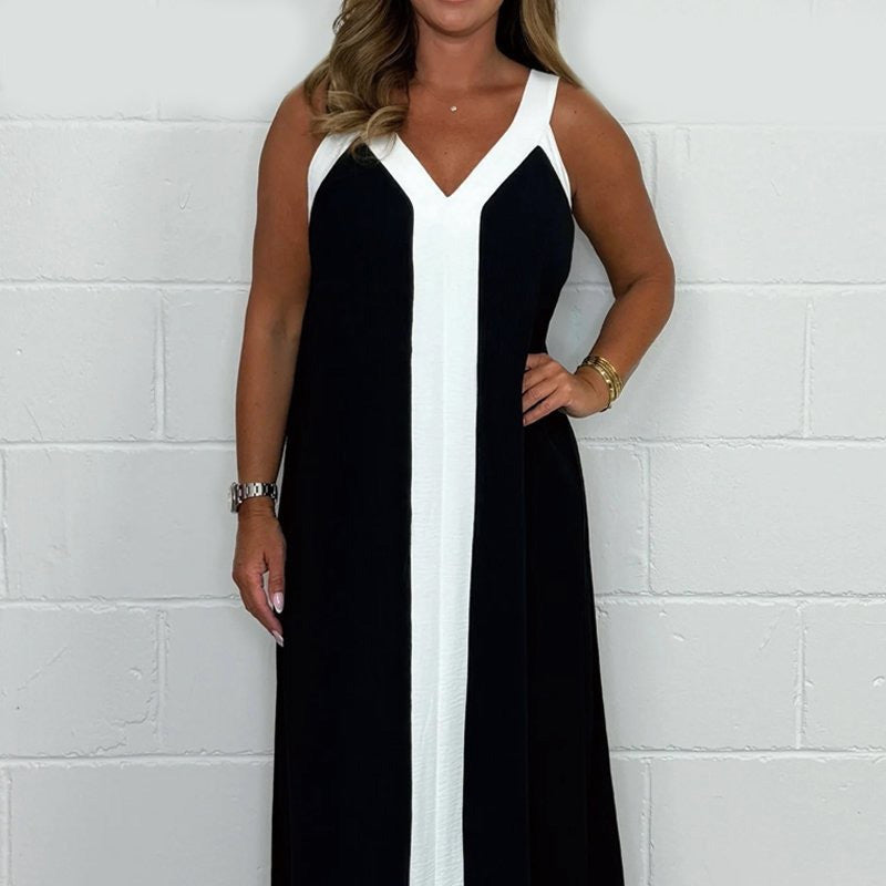Ärmelloses Maxikleid mit V-Ausschnitt und Farbblock für Damen