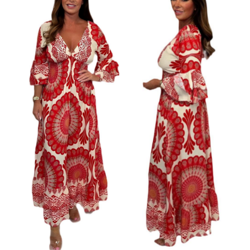 Damen Retro Boho Maxi Kleid mit tiefem V-Ausschnitt
