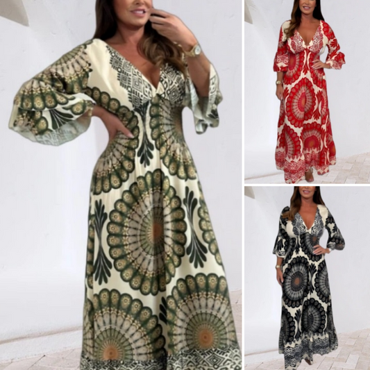 Damen Retro Boho Maxi Kleid mit tiefem V-Ausschnitt