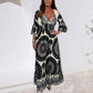 Damen Retro Boho Maxi Kleid mit tiefem V-Ausschnitt