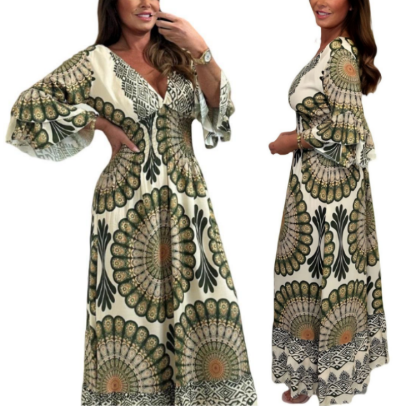 Damen Retro Boho Maxi Kleid mit tiefem V-Ausschnitt