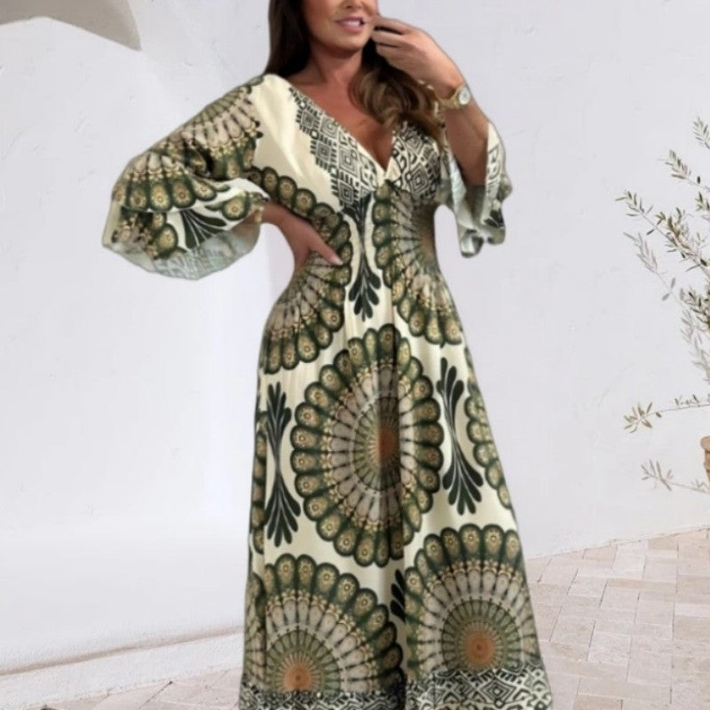 Damen Retro Boho Maxi Kleid mit tiefem V-Ausschnitt