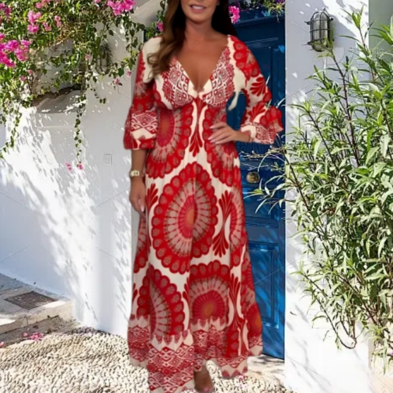 Damen Retro Boho Maxi Kleid mit tiefem V-Ausschnitt