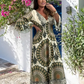 Damen Retro Boho Maxi Kleid mit tiefem V-Ausschnitt