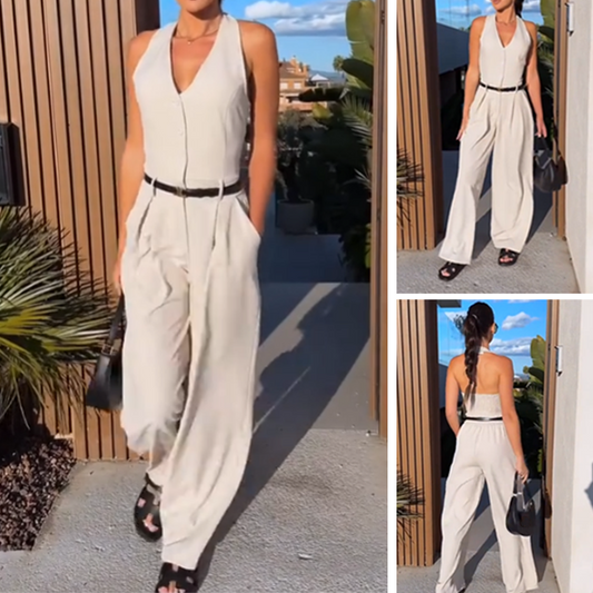 Damen Neckholder-Jumpsuit mit tiefem V-Ausschnitt und weitem Bein