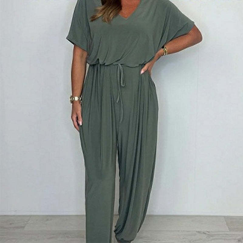 Damen Jumpsuit mit V-Ausschnitt, einfarbig und lockerer Taille