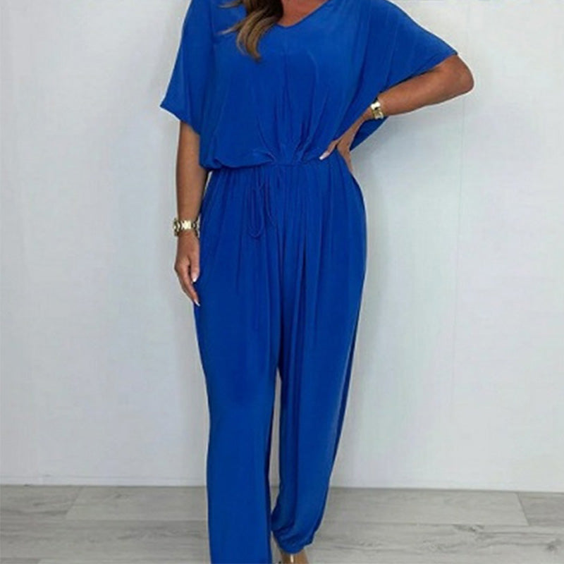 Damen Jumpsuit mit V-Ausschnitt, einfarbig und lockerer Taille