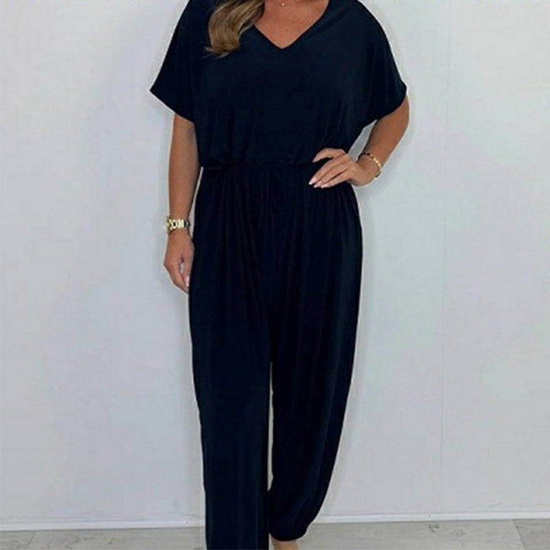 Damen Jumpsuit mit V-Ausschnitt, einfarbig und lockerer Taille
