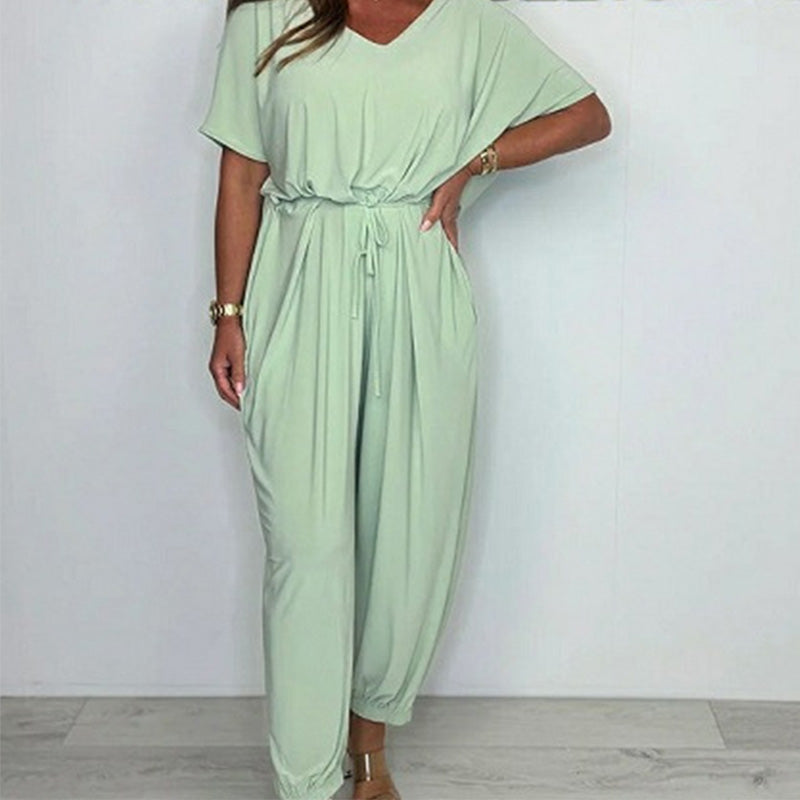Damen Jumpsuit mit V-Ausschnitt, einfarbig und lockerer Taille
