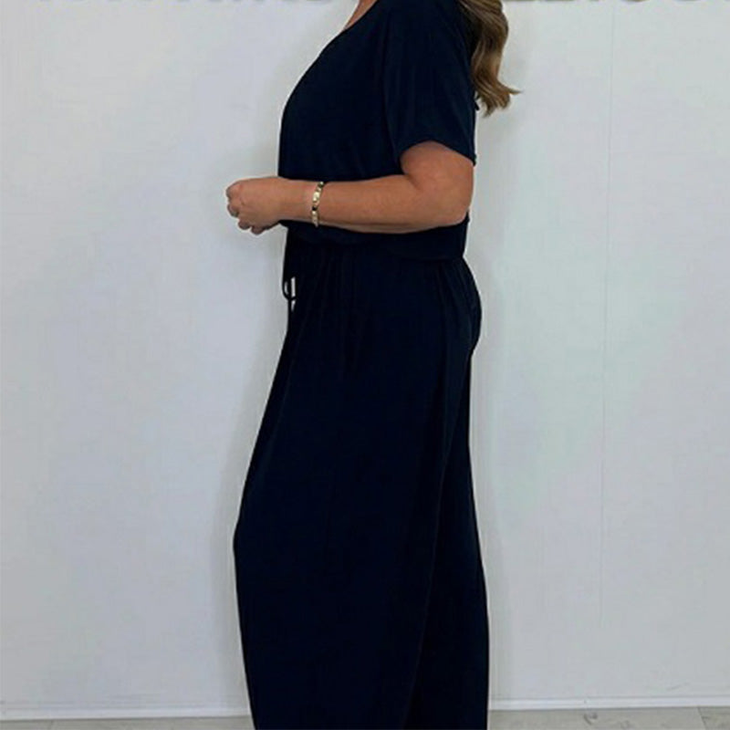 Damen Jumpsuit mit V-Ausschnitt, einfarbig und lockerer Taille