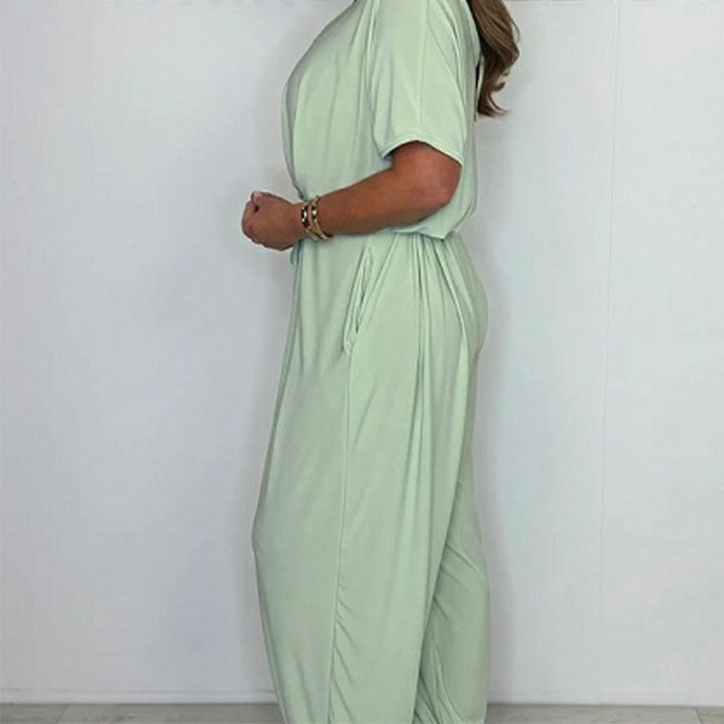 Damen Jumpsuit mit V-Ausschnitt, einfarbig und lockerer Taille