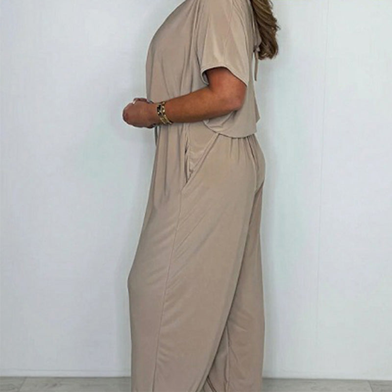 Damen Jumpsuit mit V-Ausschnitt, einfarbig und lockerer Taille