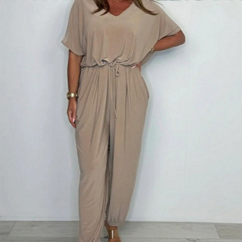 Damen Jumpsuit mit V-Ausschnitt, einfarbig und lockerer Taille