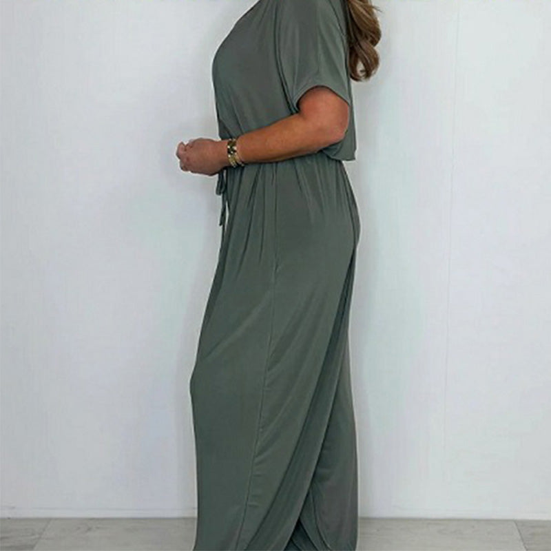 Damen Jumpsuit mit V-Ausschnitt, einfarbig und lockerer Taille