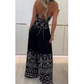 Damen-Set mit Retro-Muster und ethnischem Neckholder-Oberteil mit ärmellosem Bein und Hose mit weitem Bein