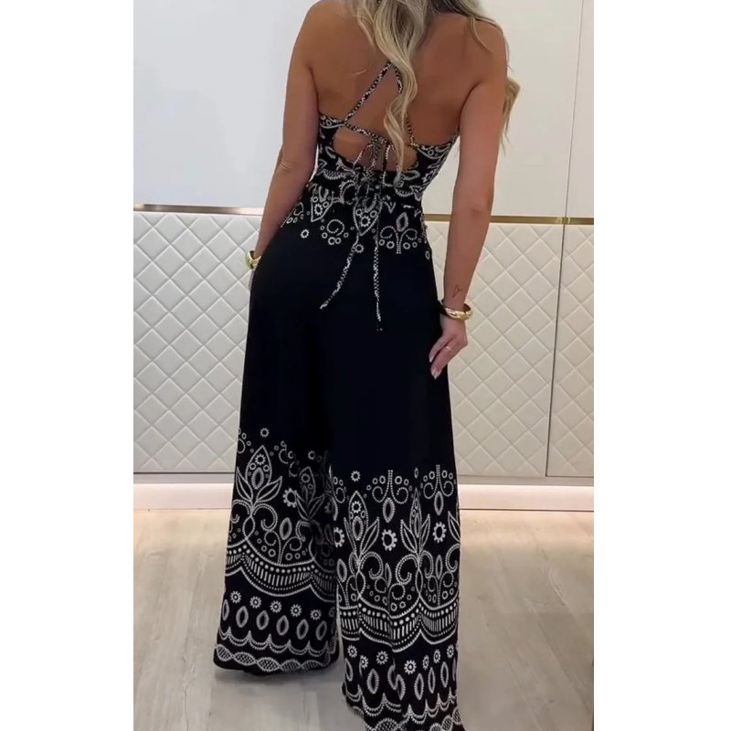 Damen-Set mit Retro-Muster und ethnischem Neckholder-Oberteil mit ärmellosem Bein und Hose mit weitem Bein