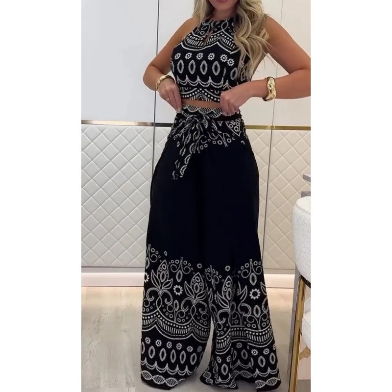 Damen-Set mit Retro-Muster und ethnischem Neckholder-Oberteil mit ärmellosem Bein und Hose mit weitem Bein