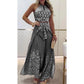 Damen-Set mit Retro-Muster und ethnischem Neckholder-Oberteil mit ärmellosem Bein und Hose mit weitem Bein
