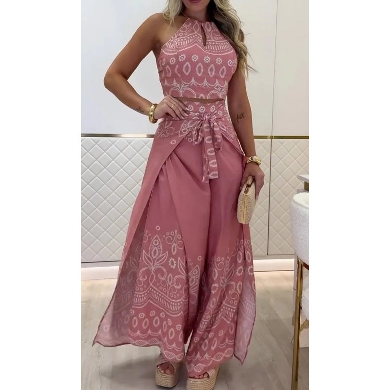 Damen-Set mit Retro-Muster und ethnischem Neckholder-Oberteil mit ärmellosem Bein und Hose mit weitem Bein