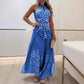 Damen-Set mit Retro-Muster und ethnischem Neckholder-Oberteil mit ärmellosem Bein und Hose mit weitem Bein