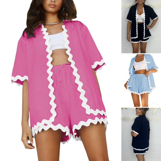 Weißes Wellen-Cardigan + Shorts, 2-teiliges Set